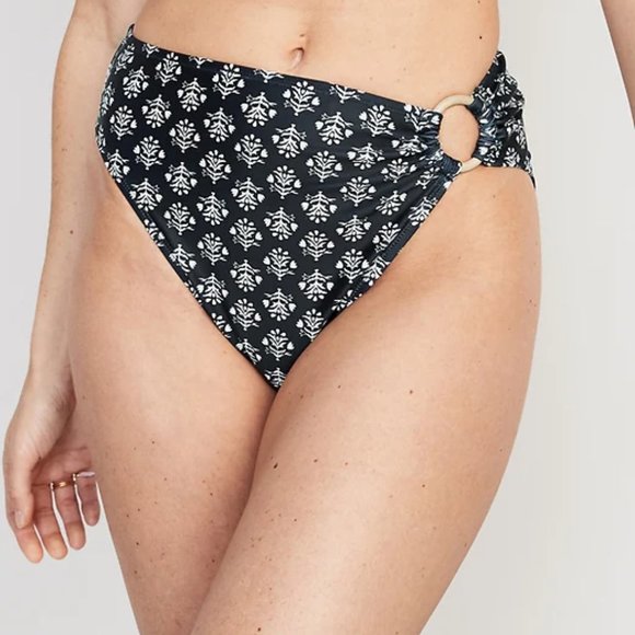 3/$9 Black Floral Batik Mid-Rise Printed O-Ring French-Cut Bikini Swim Bottoms - Picture 1 of 6